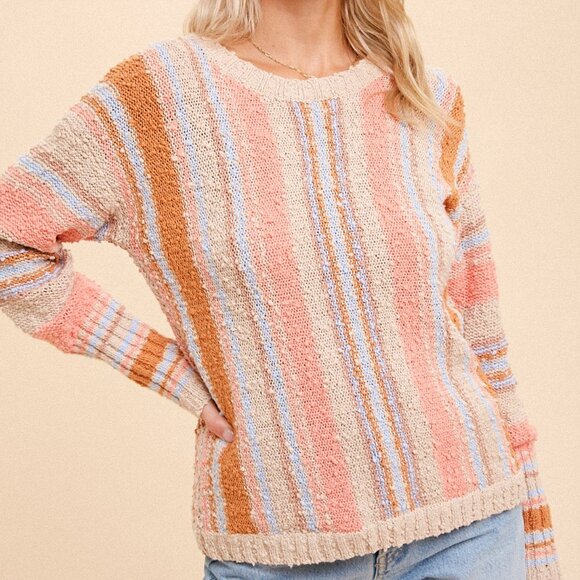 HEM & THREAD Multicolor Striped Knit Sweater Long Sleeve Soft Boho Casual - Picture 1 of 7